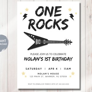 ONE ROCKS Erster Geburtstagseinladung, Rock n Roll Gitarre Erster Geburtstag einladen, Rock Thema 1st Bday, bearbeitbare digitale Vorlage, Evite, DIY