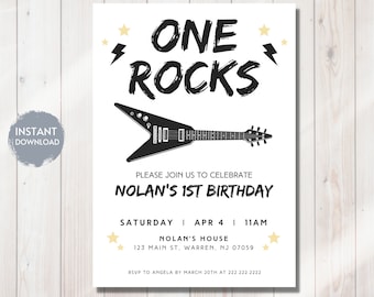 Può includere: Invito a una festa di compleanno in bianco e nero con una chitarra elettrica nera e il testo "One Rocks" e "Nolan's 1st Birthday".