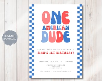 One American Dude Birthday Invitation, Smiley Face Invitation, Retro Fourth of July First Birthday, Editable Printable Digital Template