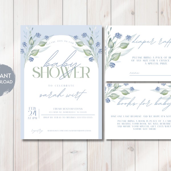 Blue Baby Shower Invitation, Blue Green Floral Baby Shower Invite, Instant Digital Download, Diaper Raffle, Books for Baby, Editable, DIY