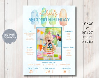 TWO COOL Milestone Sign, Two Cool Ice Pop Decor, Popsicle Birthday, 2nd Bday Stats, Decorations, Editable Digital Template, Instant Download