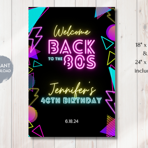 80s Neon Birthday WELCOME SIGN Template, Back to the 80s, Retro Birthday, 40th Birthday Throwback, Editable Instant Download, DIY
