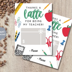 Modèle de porte-cartes cadeau café remerciement enseignant, carte-cadeau THANKS A LATTE, cadeau de remerciement pour enseignante de garderie, imprimable modifiable, bricolage