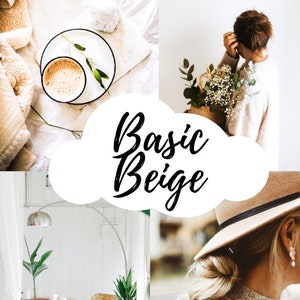 May include: A collage of images featuring a cup of coffee, a woman holding a bouquet of flowers, a white room with a table and chair, and a woman wearing a hat and sweater. The text "Basic Beige" is superimposed on the image.