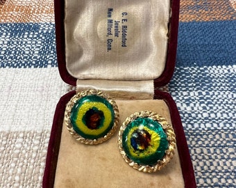 Beautiful RARE 1960’s CASTLECLIFF Enamel Glass Clip Earrings