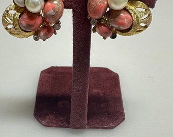 Beautiful Pair of 1940’s BSK Baby Tooth Faux Pearl Coral & White Earrings