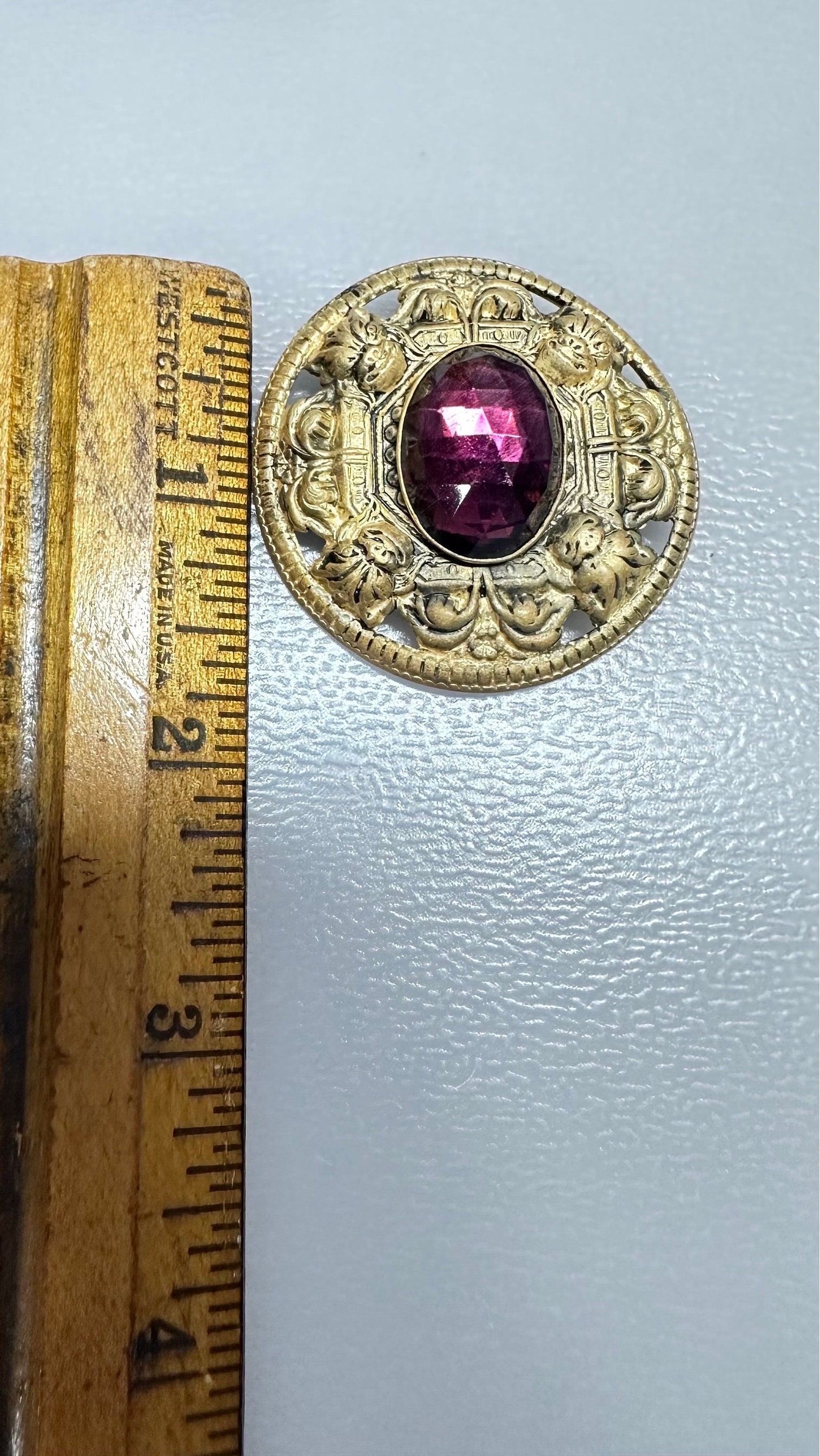 Ancienne Broche Vintage En Pâte De Verre Style Vitrail - Couleurs Orange Et Violet, Bijou Ancien