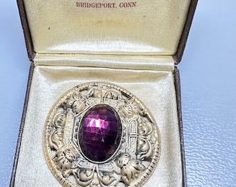 Beautiful Vintage 1920’s Antique & Brass Purple Glass Brooch