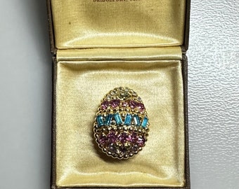 Hermoso (RARO) Vintage 1960's NAPIER Broche de huevo de Pascua de cristal azul y rosa dorado (# 2)