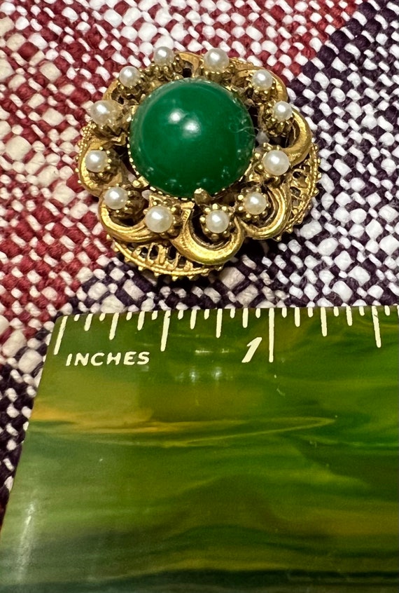 Beautiful Gold Tone Green Cabochon & Pearl FLOREN… - image 4