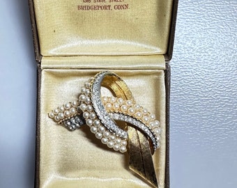 Hermoso Vintage 1950's JOSEPH MAZER JOMAZ Broche de Oro y Perla