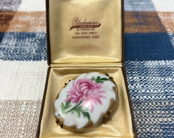 Beautiful 1930’s Hand Painted Brass & Porcelain Brooch