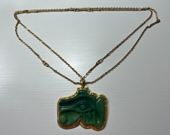 LQQK! (RARE) Substantial Vintage 1980’s Kenneth Lane Egyptian (Eye of Horus) Artificial Jade (Lucite) Pendant Necklace