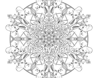 May include: A black and white mandala design with intricate details featuring birds perched on branches. The mandala is surrounded by a circular frame with floral patterns.