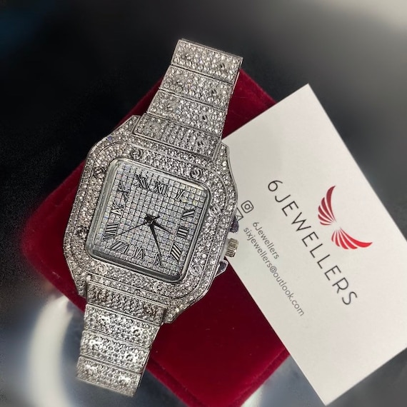 Designer Iced Out Square Watch Roman Quartz Silver Cubic Zirconia