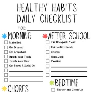 Healthy Habits Checklist, Kids Daily Routine,Printable Daily Routine, Daily Checklist, Chore Chart Printable, PDF, Instant Download