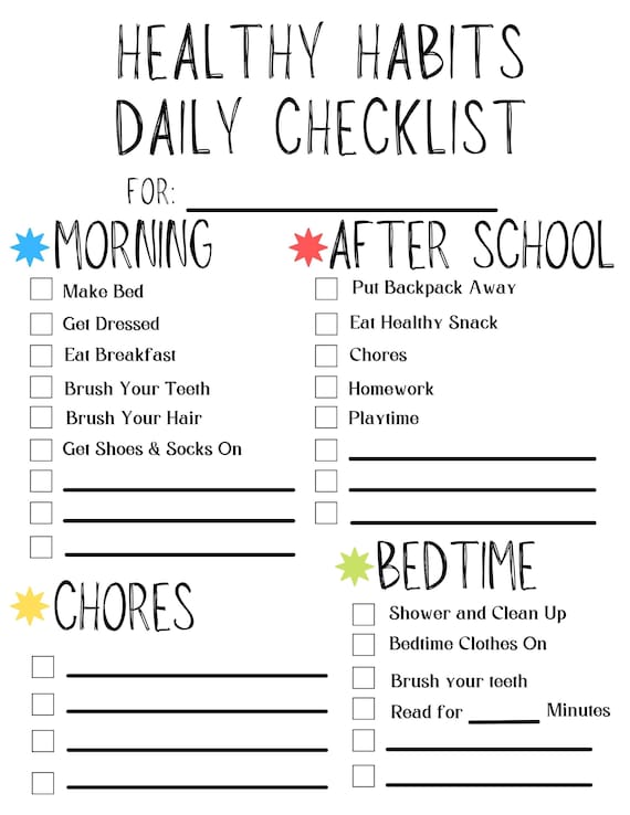 Healthy habits checklist, kids daily routine,printable daily routine, daily  checklist, chore chart printable, pdf, instant download - etsy