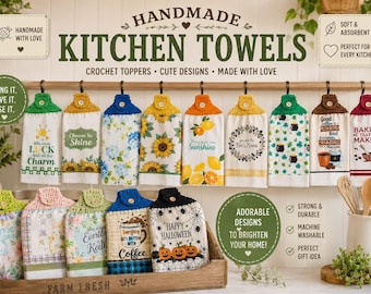 May include: A collection of hanging kitchen towels featuring various printed patterns and crochet toppers with buttons. The towels display designs including sunflowers, lemons, coffee themes, shamrocks, and Halloween pumpkins, all suspended from a wooden rack.