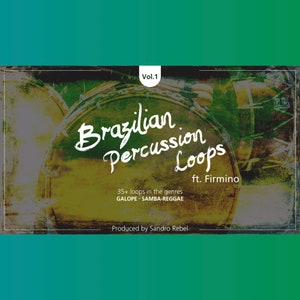 以下が含まれることがあります： ドラムセットと「Vol. 1 Brazilian Percussion Loops ft. Firmino 35+ loops in the genres GALOPE SAMBA-REGGAE Produced by Sandro Rebel」というテキストが書かれた、ビンテージ調の黄色と緑色の画像です。