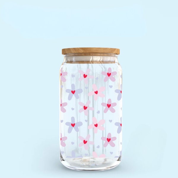 Flower Heart Glass Cup • 16oz ColdCup • Bamboo Lid • Glass Straw