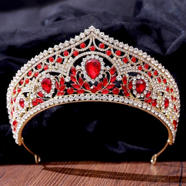 Gorgeous Red Baroque Tiara, Crystal Queen Crown, Leaf Wedding Headpiece, Bridal Headband, Wedding Hair Accessories, Red Quinceanera Crown