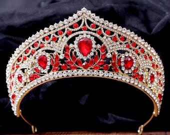 Wunderschöne rote Barock Tiara, Kristall Königin Krone, Blatt Hochzeit Kopfschmuck, Braut Stirnband, Hochzeit Haarschmuck, rote Quinceanera Krone