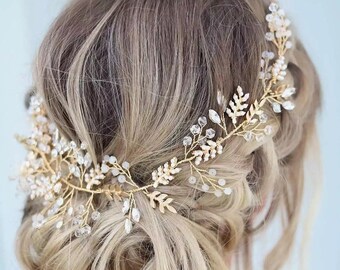 Gold Leaf Bridal Hair Vine, Floral Wedding Headpiece, Rhinestone Hair Piece For Bride, Hair Accessories Women, Gold Floral Headband