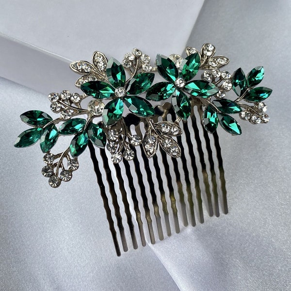 Emerald Bridal Hair Comb/Dark Green Crystal Hair Piece/Wedding Hair Piece/Rhinestone Floral Hair Comb/Decorative Hair Comb/Gift For Her