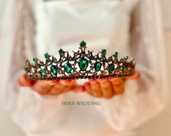 Emerald Green Baroque Tiara Crystal Bridal Tiara Pageant Crown Green Queen Princess Tiara Wedding Headpiece Gift For Brides Bridal Headband