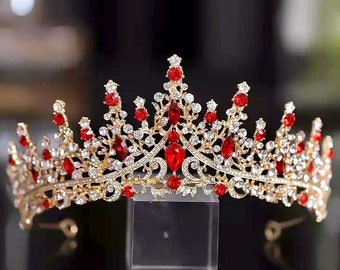 Red Crystal Wedding Tiara Baroque Gold Bridal Crown Tiara Wedding Hair Accessory Headband Luxury Rhinestone Bridal Headpiece Princess Tiara