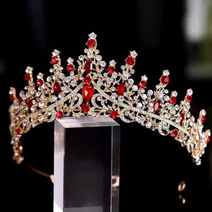 Red Crystal Wedding Tiara Baroque Gold Bridal Crown Tiara Wedding Hair Accessory Headband Luxury Rhinestone Bridal Headpiece Princess Tiara image 2