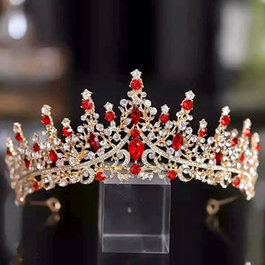 Red Crystal Wedding Tiara Baroque Gold Bridal Crown Tiara Wedding Hair Accessory Headband Luxury Rhinestone Bridal Headpiece Princess Tiara image 1