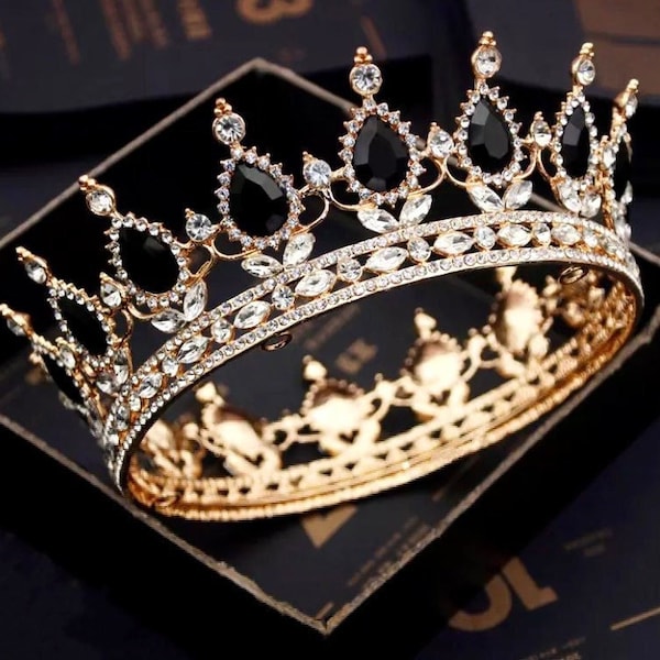 Gold Black Round Crown Bridal Crystal Tiara Wedding King Queen Diadem Hair Jewelry For Women Birthday Flower Girl Tiara Black Hair Ornament
