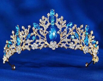 Gorgeous Sky Blue Tiara, Baroque Gold Wedding Crown, Tiara For Women, Rhinestone Hair Jewelry, Princess Tiara, Flower Girl Tiara, Headpiece