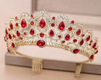 Red Baroque Bridal Tiara Gold Wedding Crown Crystal Two-Sided Comb Red Prom Hair Jewelry Diadem Birthday Henna Party Bridal Shower Hairpiece