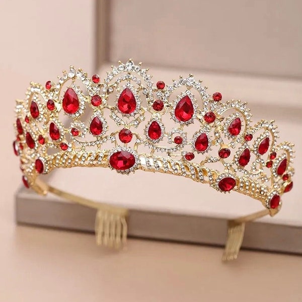 Red Baroque Bridal Tiara Gold Wedding Crown Crystal Two-Sided Comb Red Prom Hair Jewelry Diadem Birthday Henna Party Bridal Shower Hairpiece