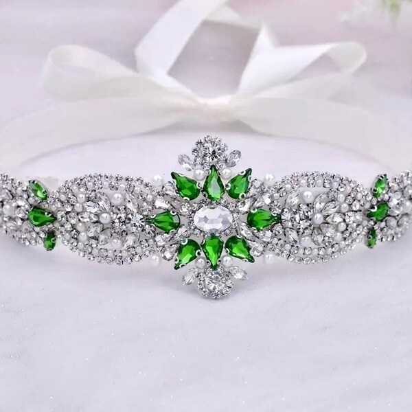 Light Green Bridal Belt,Crystal Bridal Sash,Wedding Belt,Bridal Wedding Accessory,Pearl Bridesmaid Belt,Emerald Women Dress Accessories