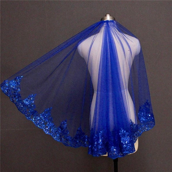 Unique Royal Blue One Layer Wedding Veil, Blue Sequins Lace Fingertip Veil, Embroidered Short Veil For Bride, Blue Wedding Dress, Tulle Veil