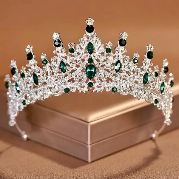 Smaragdgrüne Tiara-Krone, luxuriöses Braut-Kopfschmuck-Diadem, silberne Barock-Prom-Krone, Prinzessin-Geburtstagsparty-Tiara, grüne Haar-Accessoires