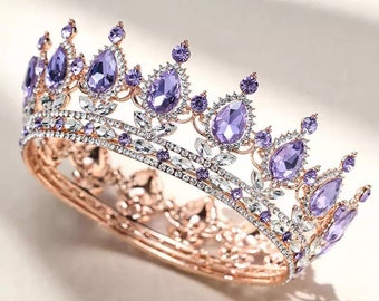 Purple Royal Queen Crown Full Size Crystal Wedding Tiara Purple Hair Piece For Women Wedding Headpiece Flower Girl Crown Birthday Tiara