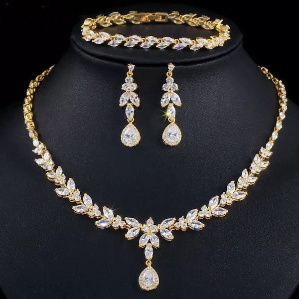 Gouden bruidsketting set, bruiloft oorbellen voor bruiden, kristallen ketting set, Teardrop bruiloft oorbellen, bruids sieraden, zilveren bruiloft sieraden