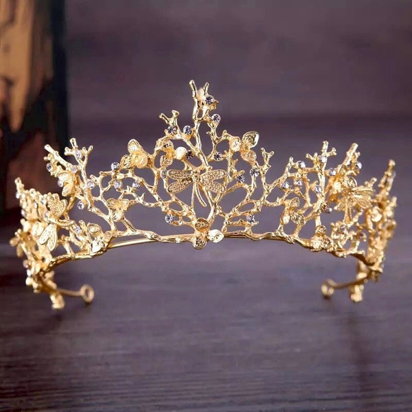 Baroque Gold Tiara Butterfly Diadem Veil Wedding Tiara Princess Birthday Tiara Bridal Crown Rhinestone Headband Wedding Hair Accessories