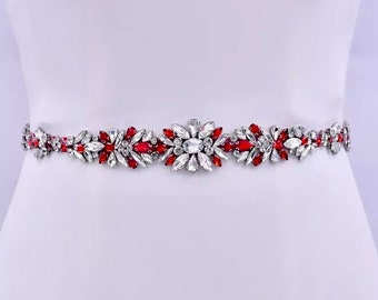 Unique Red Floral Bridal Belt | Crystal Wedding Sash Belt | Rhinestone Wedding Dress Belt | Red Bridal Sash Belt | Wedding Jewelry For Women