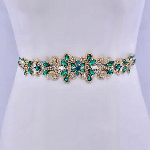 Emerald Green Bridal Belt, Crystal Green Wedding Belt, Rhinestone Belt, Wedding Dress Belt, Crystal Bridal Sash Belt, Bridal Shower Belt