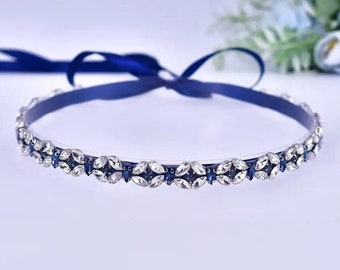 Thin Leaf Navy Blue Bridal Belt, Crystal Wedding Sash Belt, Gift For Brides, Blue Bridal Jewelry, Blue Wedding Dress, Silver Prom Jewelry