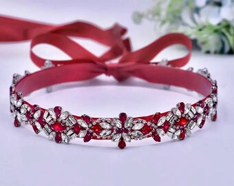 Cinturón de novia floral rojo, cinturón de boda de cristal de Borgoña, vestido de novia rojo, joyería de baile, accesorios nupciales, cinturón de damas de honor de diamantes de imitación