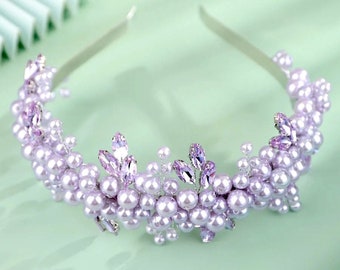 Purple Crystal Bridal Headband, Lavender Wedding Headpiece, Tiara For Women, Birthday Tiara, Purple Prom Jewelry, Quinceanera Hair Piece