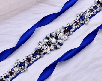 Magnifique ceinture de mariée bleu marine, ceinture de mariage en cristal, ceinture de robe de mariée perle opale, ceinture de bijoux de mariage bleu, ceinture de demoiselles d'honneur strass