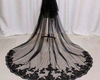 Unique Black Bridal Veil, Glitter Cathedral Veil, One Layer Long Wedding Cape, Black Hair Comb, Floral Shoulder Veil, Black Wedding Dress