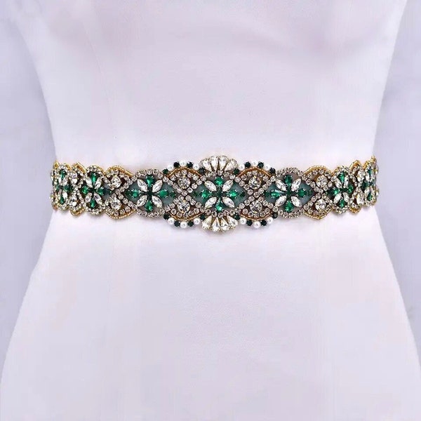 Floral Emerald Green Gold Bridal Belt, Green Wedding Sash Belt, Pearl Rhinestone Bridesmaids Belt, Bridal Shower Gift, Green Prom Jewelry